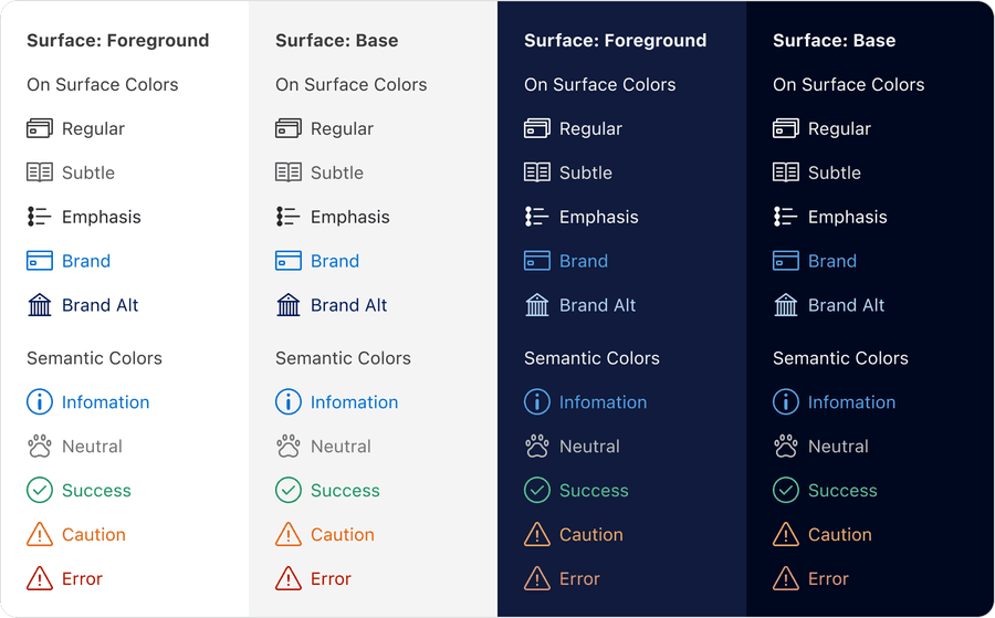 Various icons rendered in various colors across the foreground and background colors, in light and dark mode